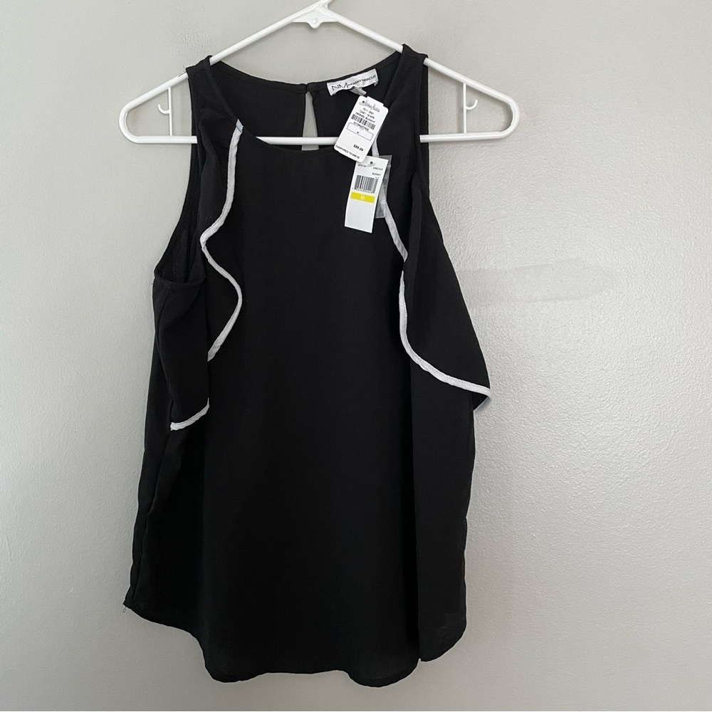 Neiman Marcus Black Sleeveless Ruffle Trim Camisole with White Piping women M